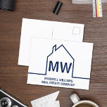 Postal Navy Blue House Real Estate Company Marketing<br><div class="desc">Esta postal de comercialización en monograma de realtor azul marino está hecha con el nombre de su empresa de propiedades bajo las iniciales del agente de propiedades en tipografía simple. Este diseño minimalista presenta un contorno de línea simple de una casa. Postales modernas para un agente que trabaja para comprar...</div>