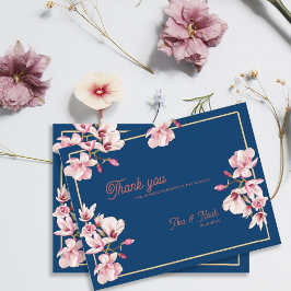 Postal Navy Blue Magnolia Floral Wedding Thank You