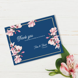 Postal Navy Blue Magnolia Floral Wedding Thank You
