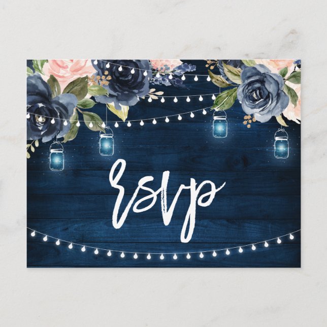 Postal Navy Blue Rubor Floral Rustic String Light RSVP (Anverso)