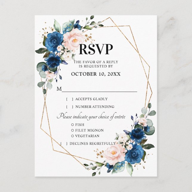 Postal Navy Blue Rubor Pink Floral Geométrica RSVP (Anverso)