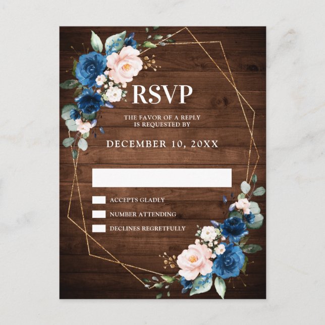 Postal Navy Blue Rubor Rustic Wood Gold Geometric RSVP (Anverso)