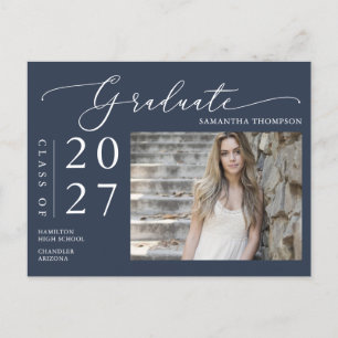 Postal Navy Blue Script Graduate Announcement Photo