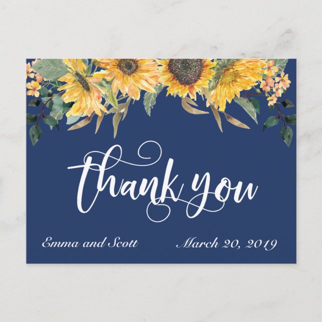 Postal Navy Blue Sunflower Gracias Boda Script (Anverso)