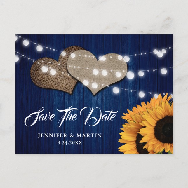 Postal Navy Blue Sunflower Wood String Lights Wedding (Anverso)