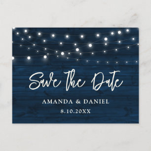 Postal Navy Blue Wood String Lights Wedding Save The Date
