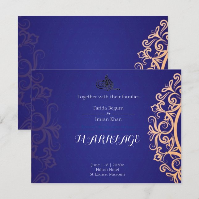 Postal Navy Elegant Blue Muslim wedding Invitation  (Anverso / Reverso)