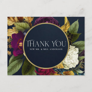 POSTAL NAVY GOLD RETRO BURGUNDY FLORAL BODA GRACIAS