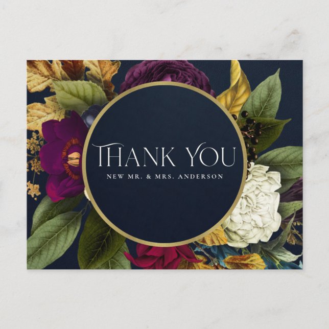 POSTAL NAVY GOLD RETRO BURGUNDY FLORAL BODA GRACIAS (Anverso)