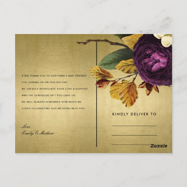POSTAL NAVY GOLD RETRO BURGUNDY FLORAL BODA GRACIAS (Reverso)