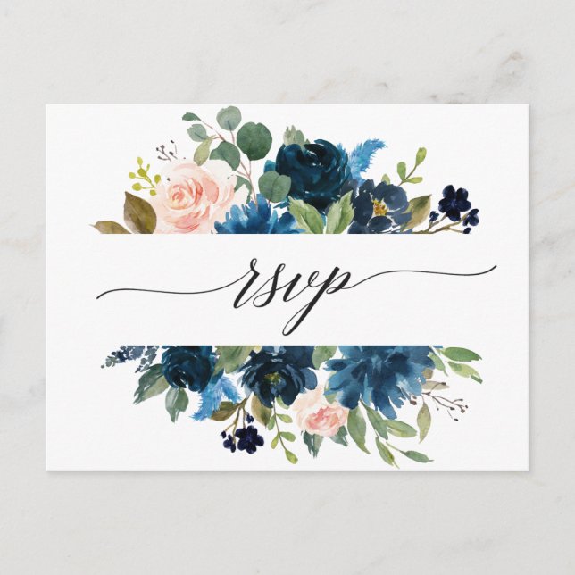 Postal Navy Royal Blue Rubor Pink Floral Botánica RSVP (Anverso)
