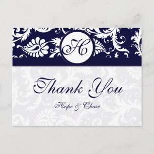 Postal Navy Trim Damask Swirls Gracias Cartas