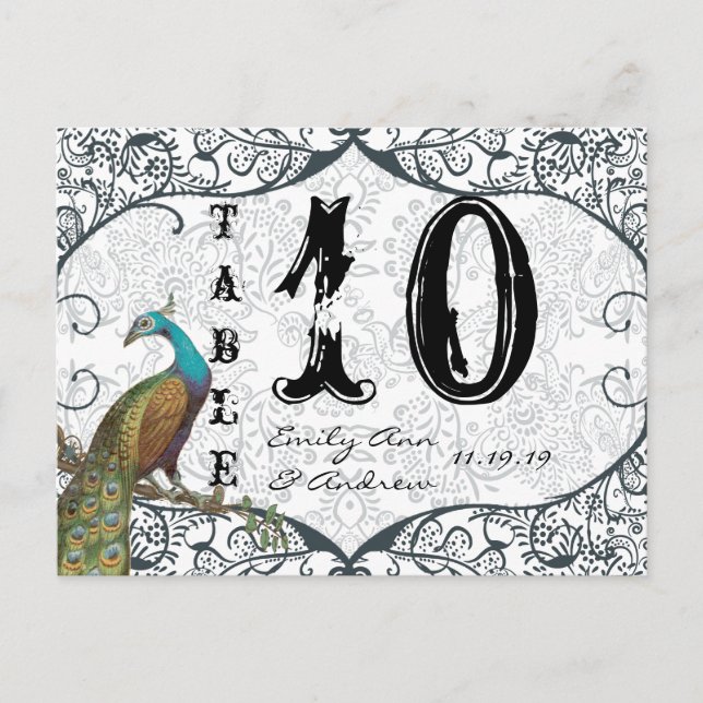 Postal Navy Whimsical Peacock Love Bird Table Number (Anverso)