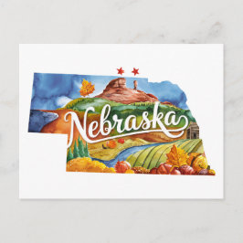Postal Nebraska Estados Unidos Estado Forma Acuarela Vint
