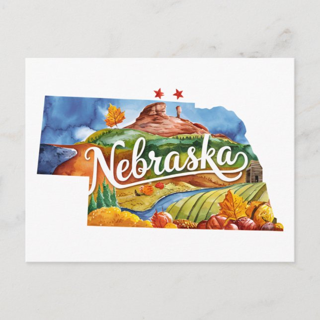Postal Nebraska Estados Unidos Estado Forma Acuarela Vint (Anverso)