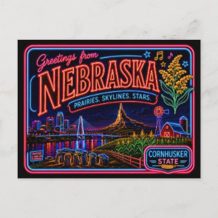 Postal Nebraska Neon Estado Retro Vintage