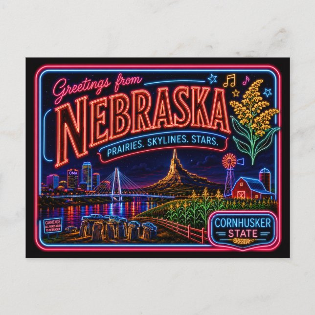 Postal Nebraska Neon Estado Retro Vintage (Anverso)