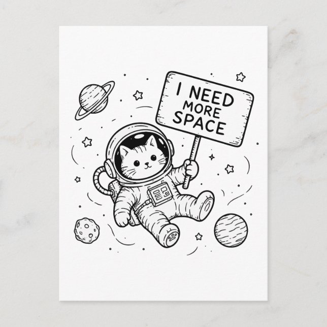 Postal Necesito Más Espacio Gato Astronauta Divertido (Anverso)