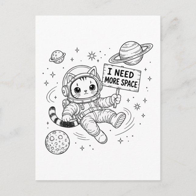 Postal Necesito Más Espacio Gato Astronauta Divertido (Anverso)