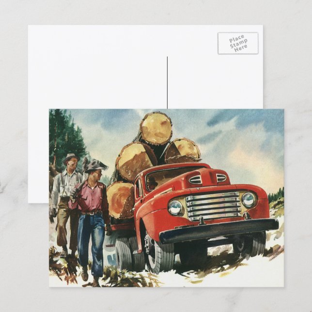 Postal Negocio Antiguo, Camión de Madera con Leñadores (Anverso / Reverso)