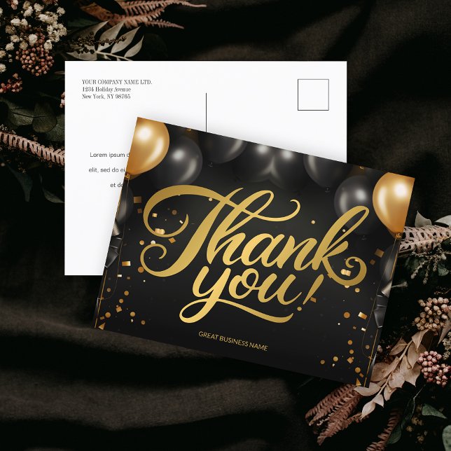 Postal Negocio de Globos de Oro Negro Gracias (Black Gold Balloons Business Thank You Postcard)