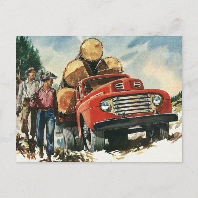 Postal Negocio vintage, Camión de registro con Lumberjack (Anverso)