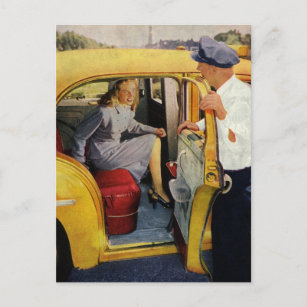 Postal Negocio vintage, conductor de taxi mujer pasajera
