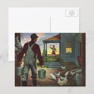 Postal Negocio Vintage, Granja con Granjero y Gallinas