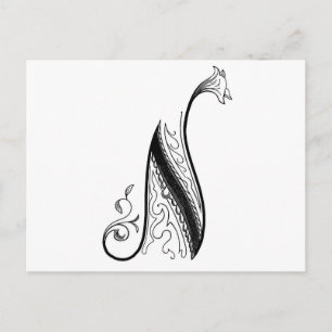 Postal Negra Floral Monograma N Escritura Vintage