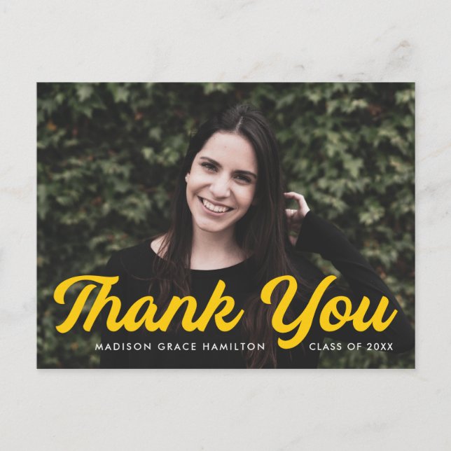 Postal Negrita Amarillo Script Foto Graduación Gracias (Anverso)