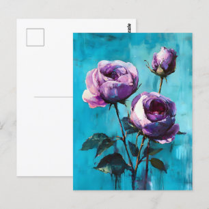 Postal Negrita Rosas morados en azul
