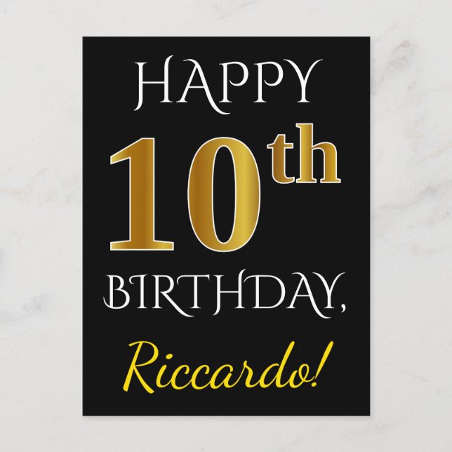 Postal Negro, Faux Gold 10 cumpleaños + Nombre personaliz (Anverso)