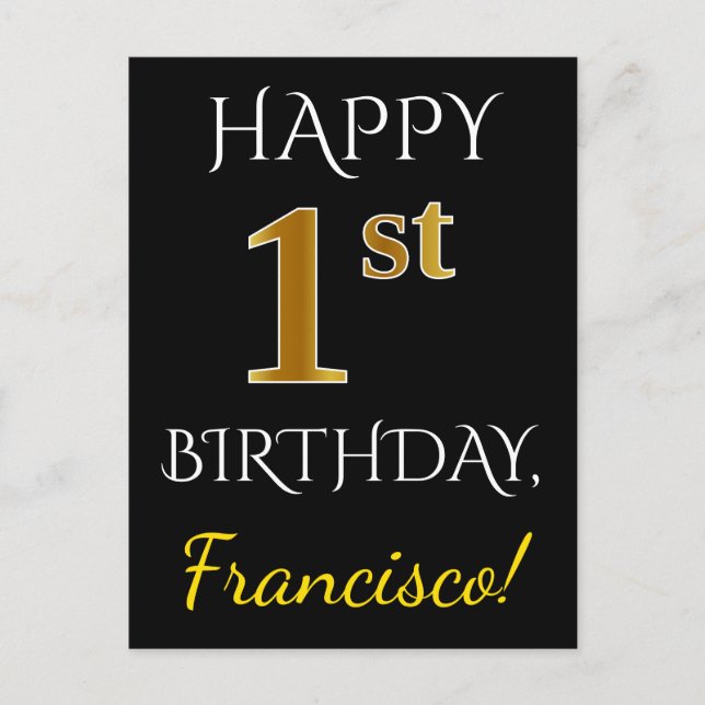 Postal Negro, Faux Gold 1er cumpleaños + Nombre personali (Anverso)