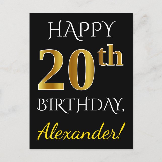 Postal Negro, Faux Gold 20 cumpleaños + Nombre personaliz (Anverso)