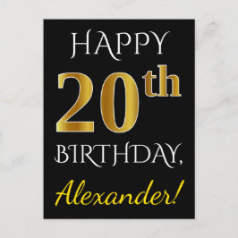Postal Negro, Faux Gold 20 cumpleaños + Nombre personaliz