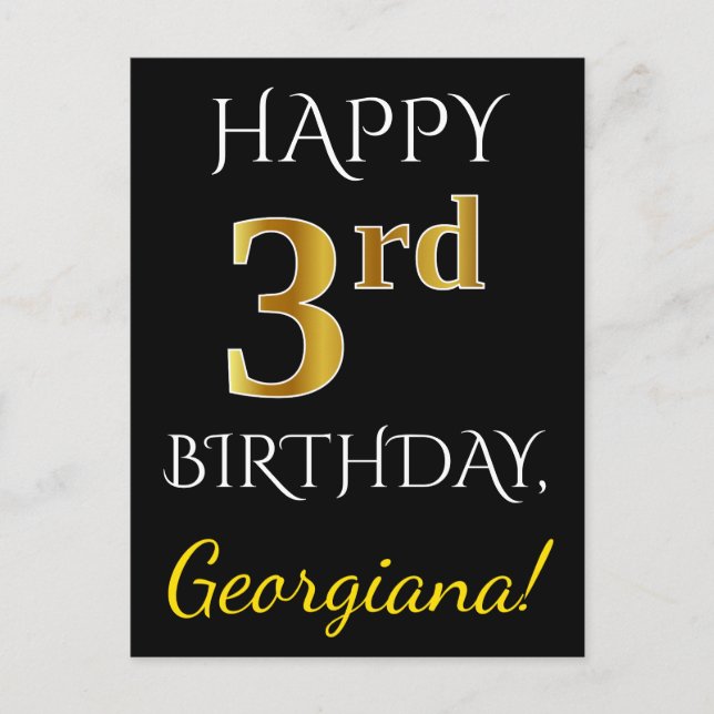 Postal Negro, Faux Gold 3º cumpleaños + Nombre personaliz (Anverso)