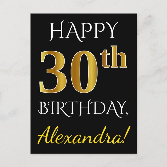 Postal Negro, Faux Gold 30 cumpleaños + Nombre personaliz (Anverso)