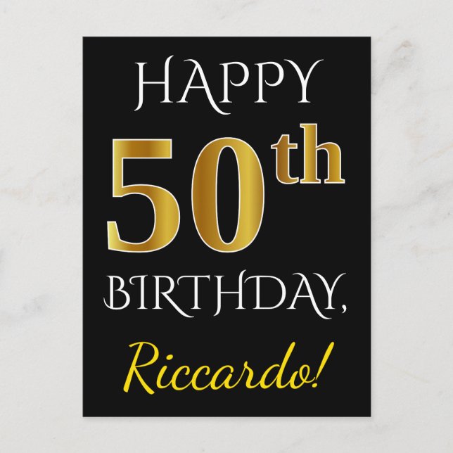 Postal Negro, Faux Gold 50 cumpleaños + Nombre personaliz (Anverso)