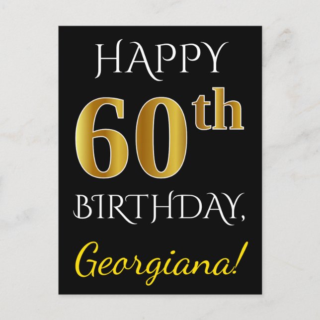 Postal Negro, Faux Gold 60th Birthday + Nombre personaliz (Anverso)