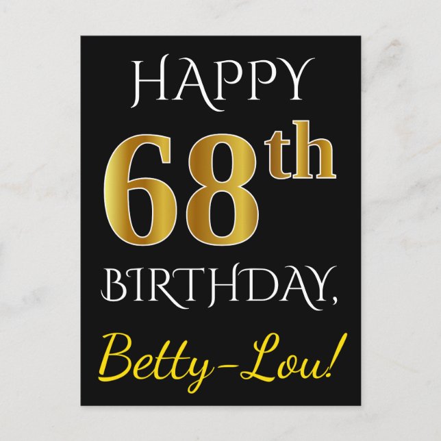Postal Negro, Faux Gold 68th Birthday + Nombre personaliz (Anverso)
