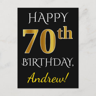 Postal Negro, Faux Gold 70th Birthday + Nombre personaliz