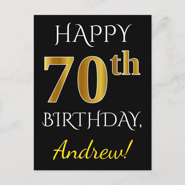 Postal Negro, Faux Gold 70th Birthday + Nombre personaliz (Anverso)