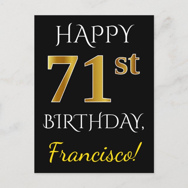 Postal Negro, Faux Gold 71st Birthday + Nombre personaliz (Anverso)