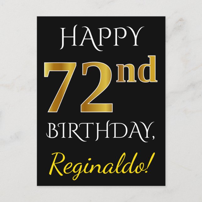 Postal Negro, Faux Gold 72nd Birthday + Nombre personaliz (Anverso)