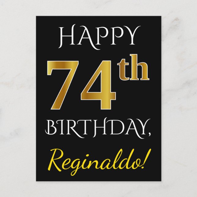 Postal Negro, Faux Gold 74th Birthday + Nombre personaliz (Anverso)