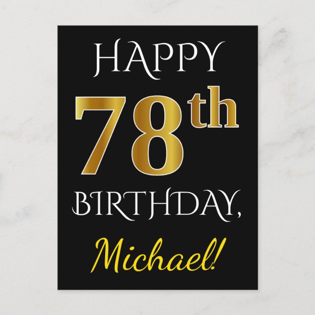 Postal Negro, Faux Gold 78th Birthday + Nombre personaliz (Anverso)