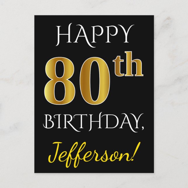 Postal Negro, Faux Gold 80th Birthday + Nombre personaliz (Anverso)