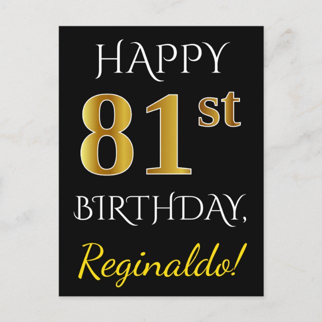 Postal Negro, Faux Gold 81st Birthday + Nombre personaliz (Anverso)