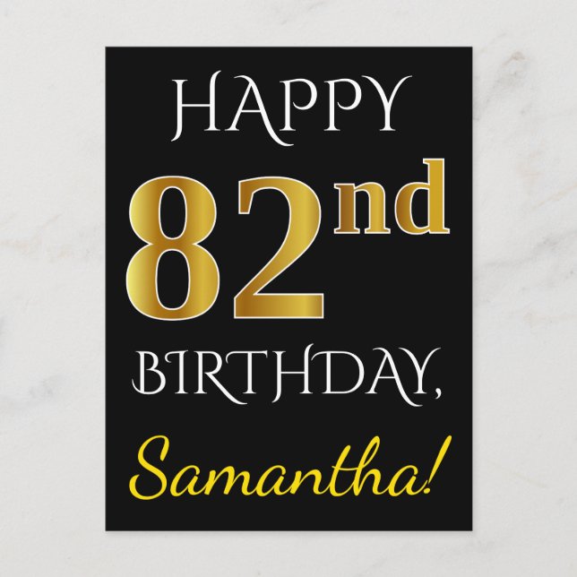 Postal Negro, Faux Gold 82nd Birthday + Nombre personaliz (Anverso)