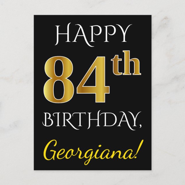 Postal Negro, Faux Gold 84th Birthday + Nombre personaliz (Anverso)